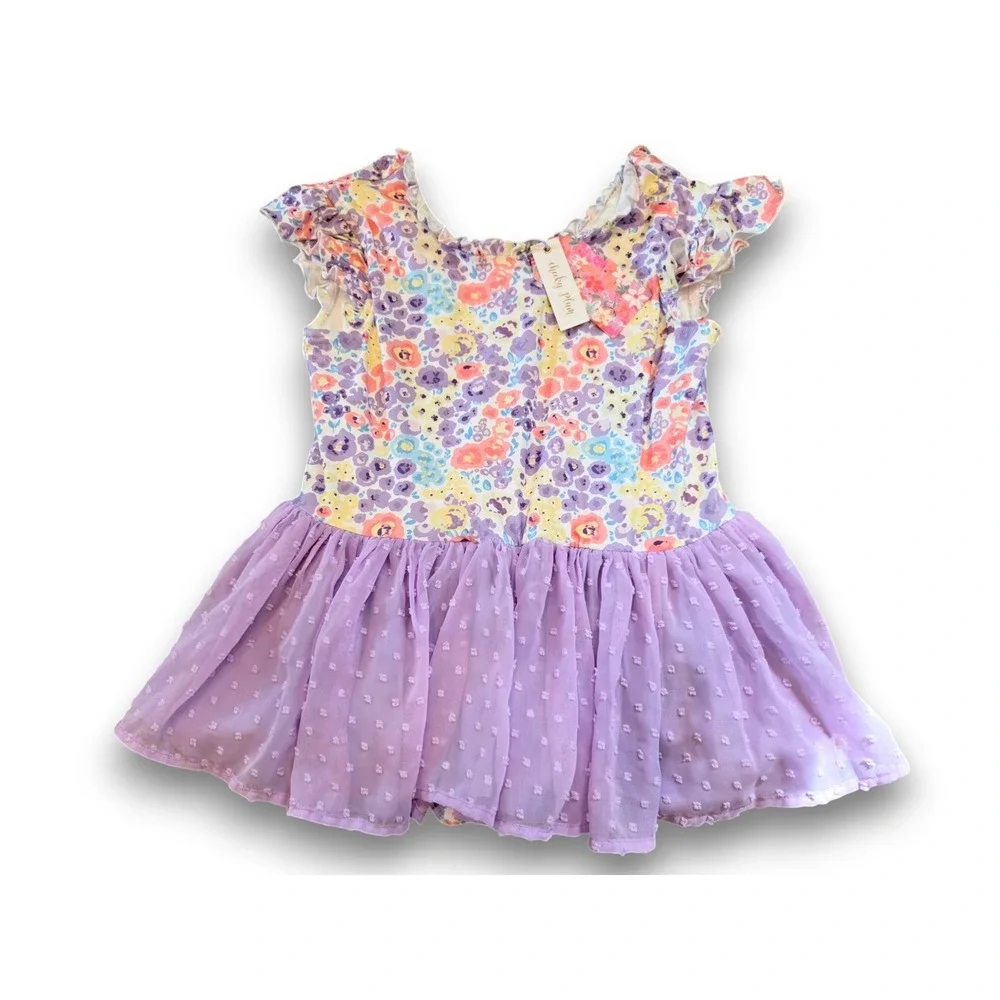 NWT Cheeky Plum Purple Floral Short Sleeve Dance Leotard Tutu Dress Girls 12